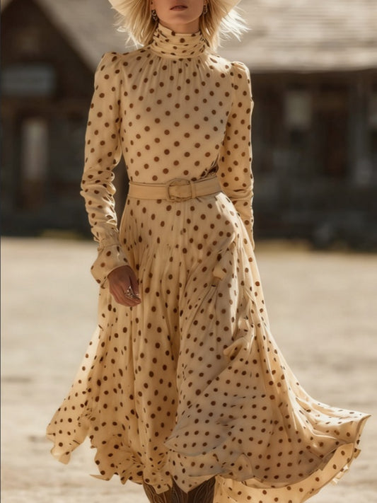 Polka Dot High-neck Long-sleeved Fitted Midi Dress