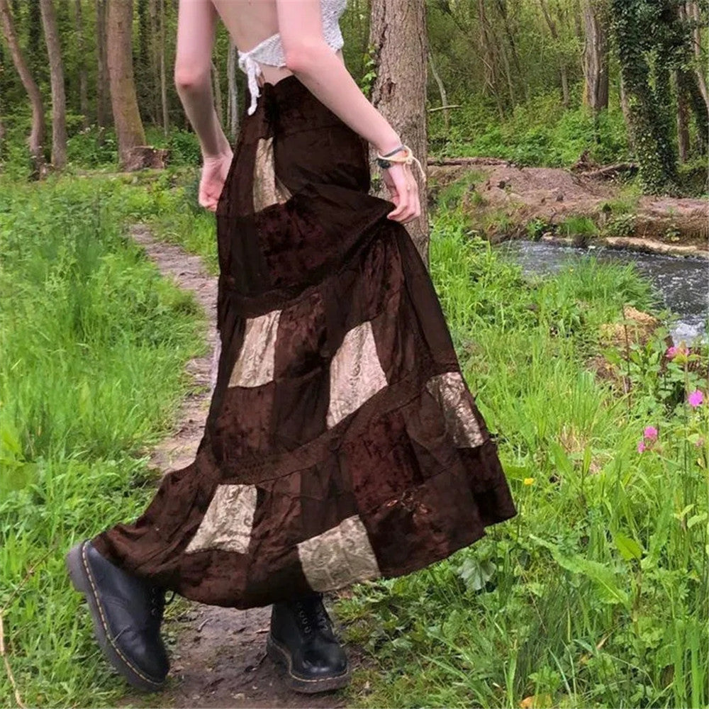 Boho Brown Pleated Maxi Skirt