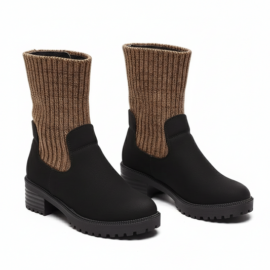 Wool Knit Short Boots with Chunky Heels and Thick Sole