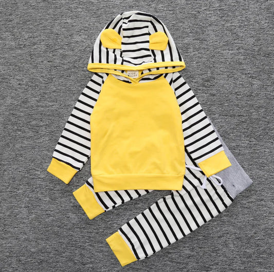 Yellow Long Sleeve Hoodie and Striped Pants Set for Kids