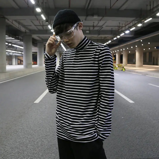 Black and White Striped Turtleneck Top