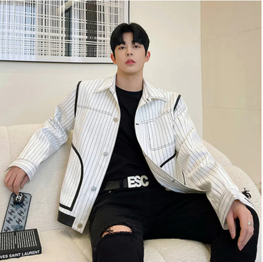 Men's Short Retro Striped Leather Jacket