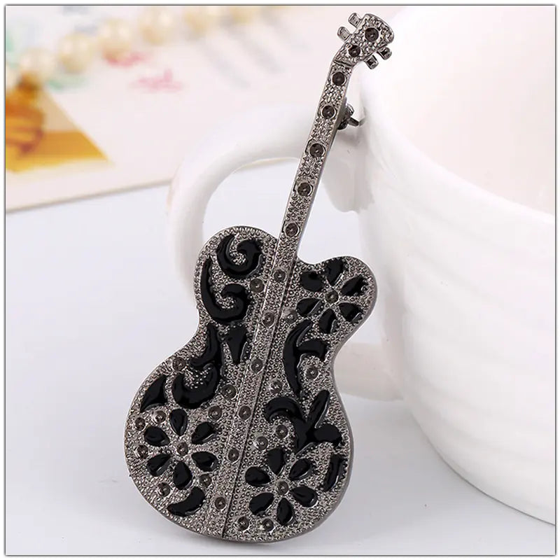 Vintage Black Guitar Violin Brooch Pin Accessory