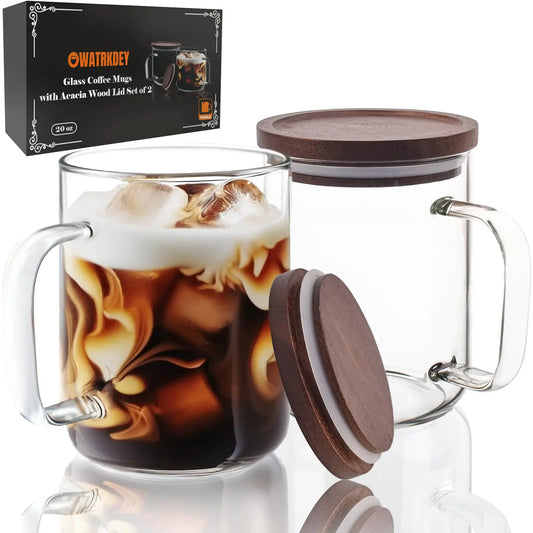 Acacia Lid 20oz Glass Coffee Mugs - Set of 2