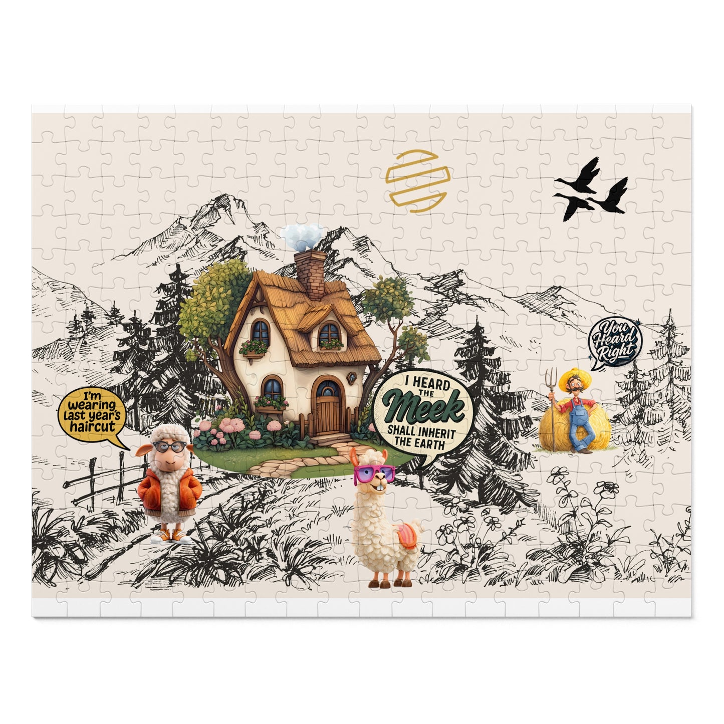 Earth Countryside Cottage Jigsaw Puzzle with Tin — Whimsical Farm Animals & Mountains (Includes Tin)