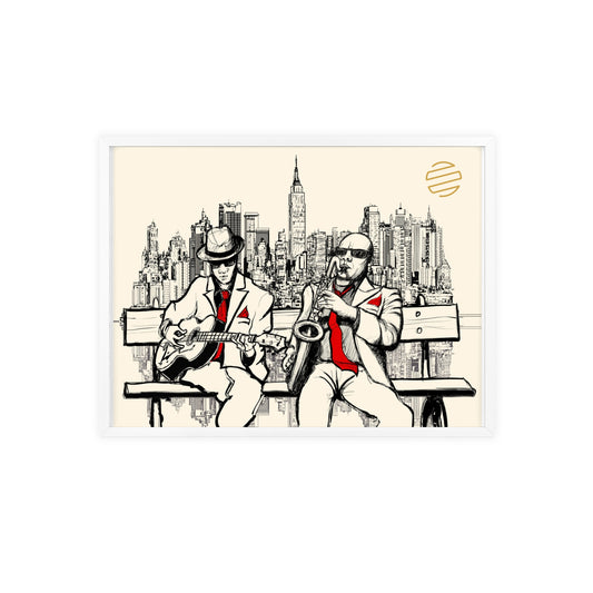 Jazz Duo Cityscape Poster with Wooden Frame — Vintage NYC Musicians Wall Art