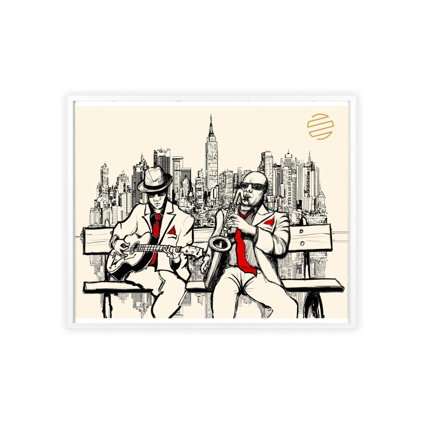 Jazz Duo Cityscape Poster with Wooden Frame — Vintage NYC Musicians Wall Art