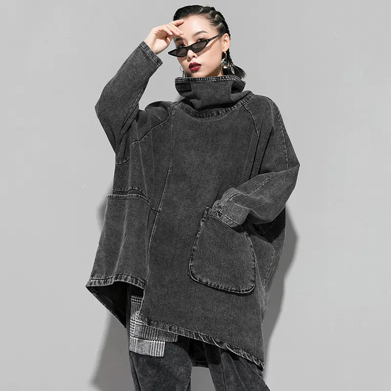 Oversized Black Washed Denim Turtleneck Jacket