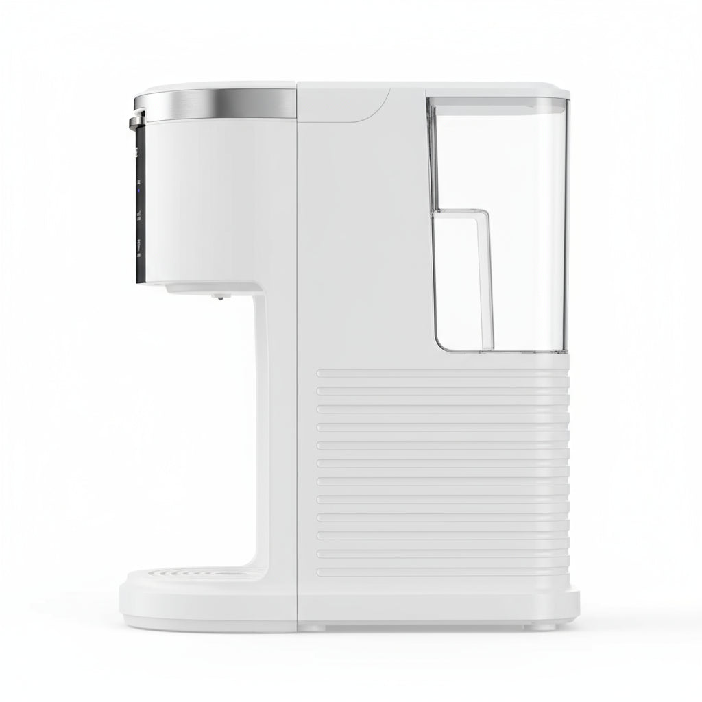 White coffee machine with an orange mug, surrounded by K-cups and coffee grounds on a white background