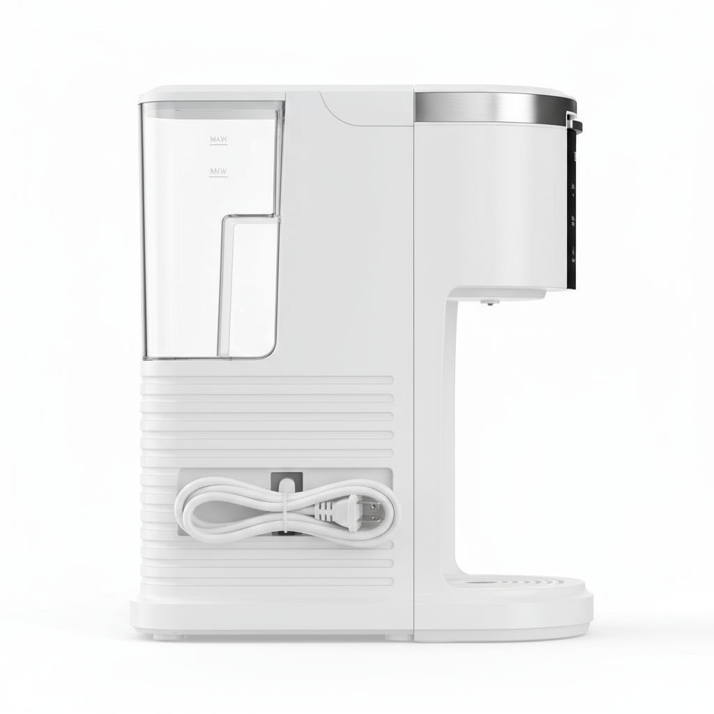 White coffee machine with a clear water tank on a white background