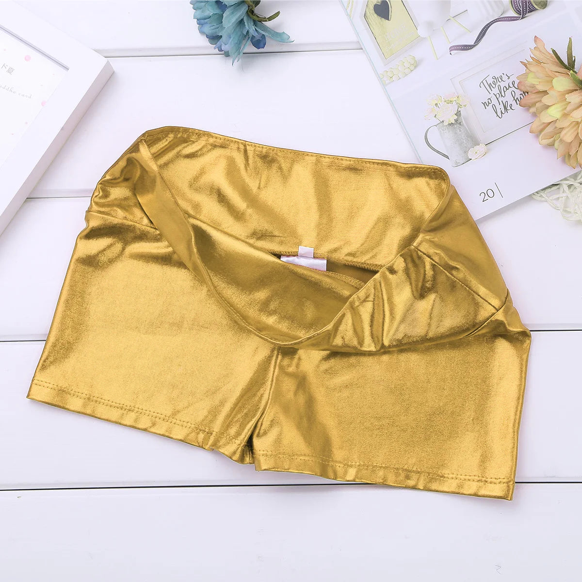 Kids Metallic Shiny High Waist Dance Shorts - Girls