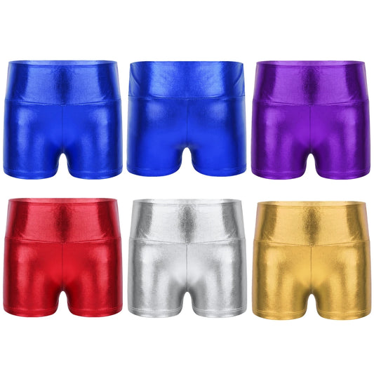 Kids Metallic Shiny High Waist Dance Shorts - Girls