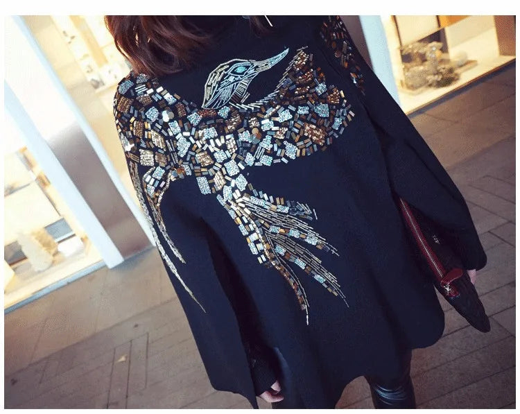Embroidered Flying Woman Sequin Poncho with Beading
