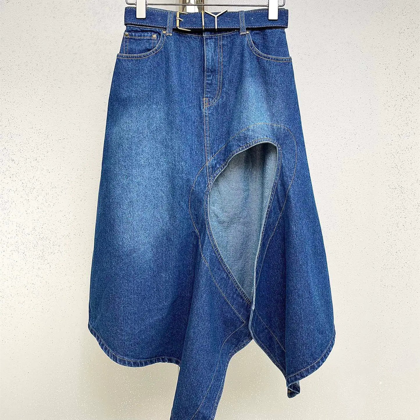 Deconstructed Hollow-Slit Denim Skirt