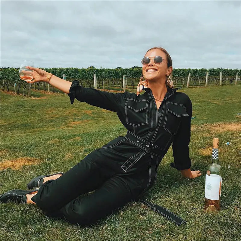 Women's Long Sleeve Streetwear Romper with Pockets