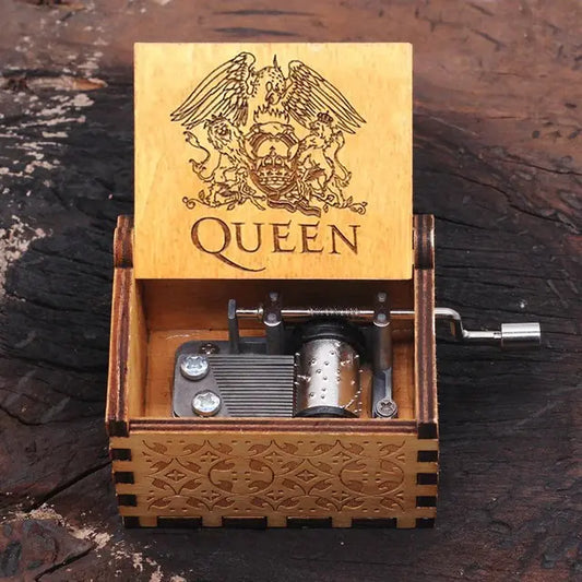 Queen Carved Music Box - Classic Hand-Crank Wooden Box