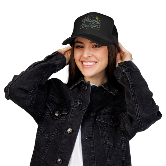 Midnight Breakfast Embroidered Trucker Hat — Retro Night-Sky Foam Cap