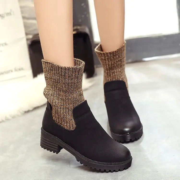 Wool Knit Short Boots with Chunky Heels and Thick Sole
