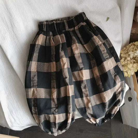 Children's Retro Plaid Loose Cropped Trousers