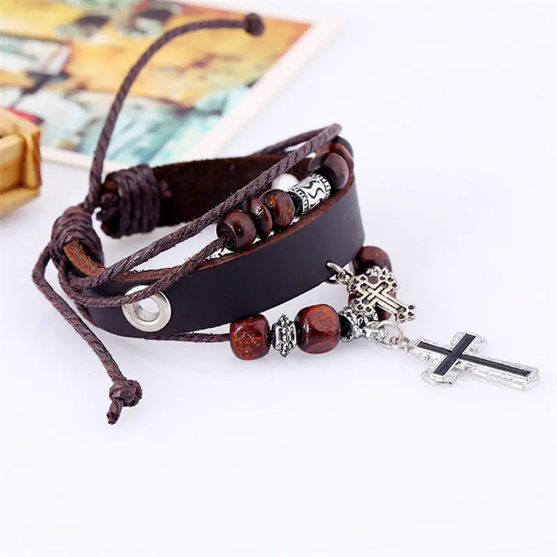 Leather Beaded Bracelet with Cross Design