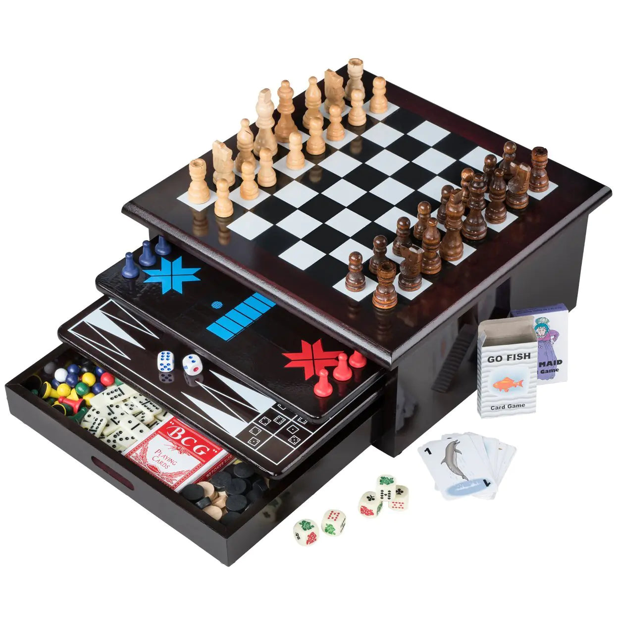 Board Game Set | Deluxe 15 in 1 Tabletop Game Center - Wood-Accented with Storage Drawer