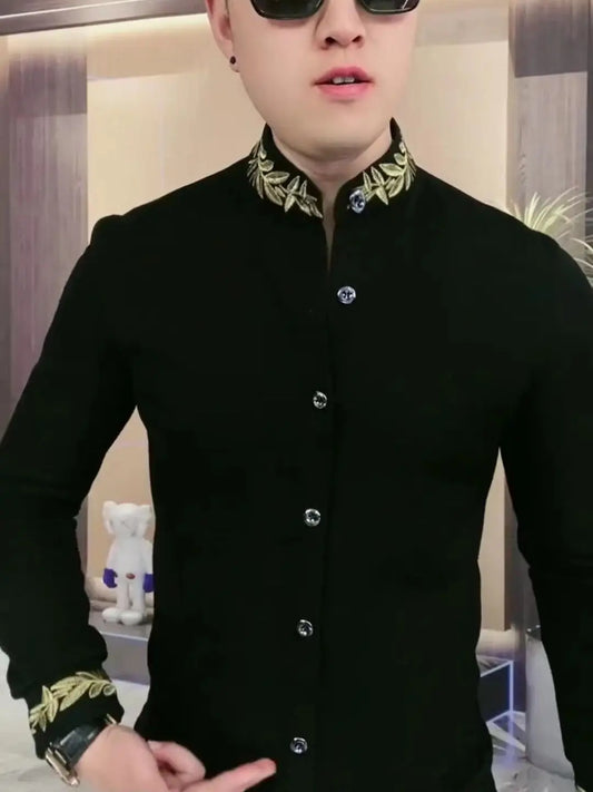 Casual Ethnic Style Men's Fashionable Slim Fit Long Sleeved Sweatshirt Black Trendy Versatile Small Stand Up Collar Shirt