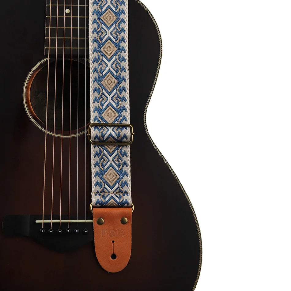 P&P Adjustable Embroidered Guitar Strap with Leather End