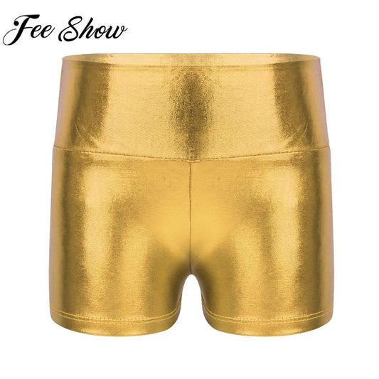 Kids Metallic Shiny High Waist Dance Shorts - Girls