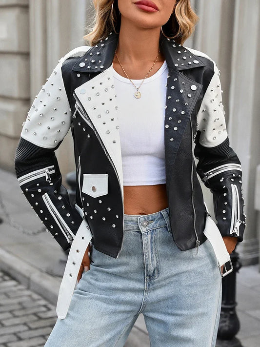 Women's Street Rivet Black White Faux Leather Biker Jacket