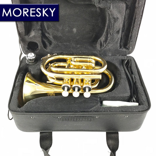 MORESKY Mini Pocket Trumpet Bb Flat Brass Wind Instrument with Mouthpiece Gloves Cleaning Cloth Carrying Case MPT-101