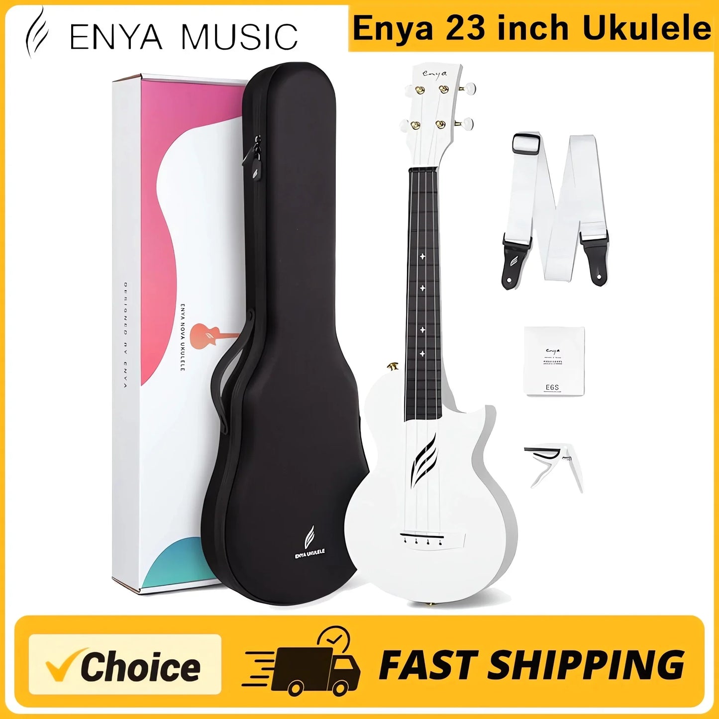 Enya Concert Ukulele Nova U 23’’ Carbon Fiber Travel Ukulele with Beginner Kit Includes Online Lessons