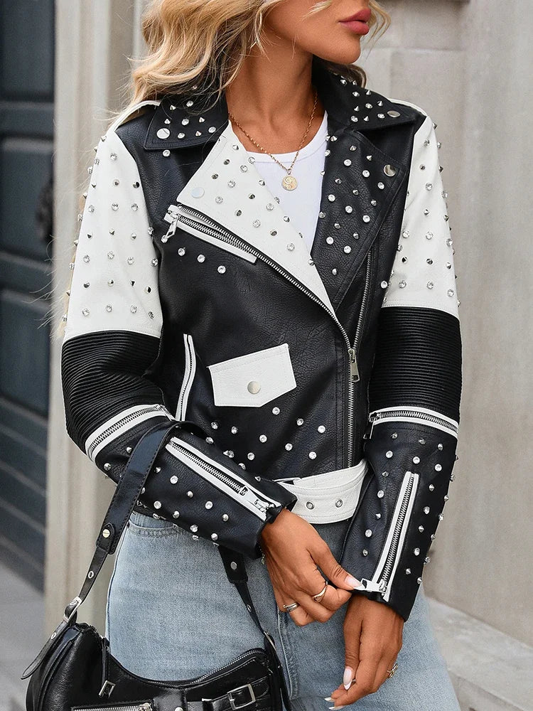Women's Street Rivet Black White Faux Leather Biker Jacket