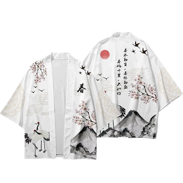 Crane & Chinese Character Traditional Kimono Japanese Men And Women Cardigan Yukata Kids Summer New Trendy Beach Wear Haori