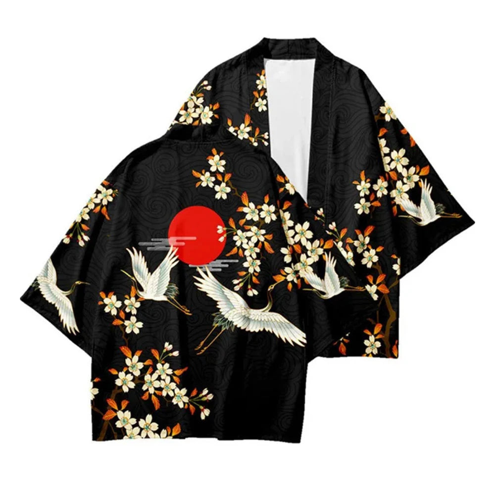 Crane & Chinese Character Traditional Kimono Japanese Men And Women Cardigan Yukata Kids Summer New Trendy Beach Wear Haori