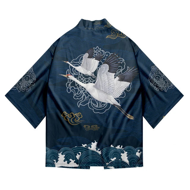 Crane & Chinese Character Traditional Kimono Japanese Men And Women Cardigan Yukata Kids Summer New Trendy Beach Wear Haori