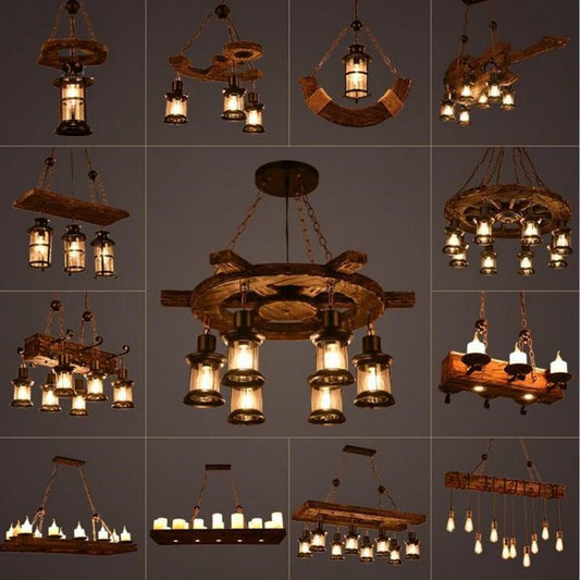 Retro Iron & Wood E27 LED Antique Industrial LOFT Chandelier Lighting