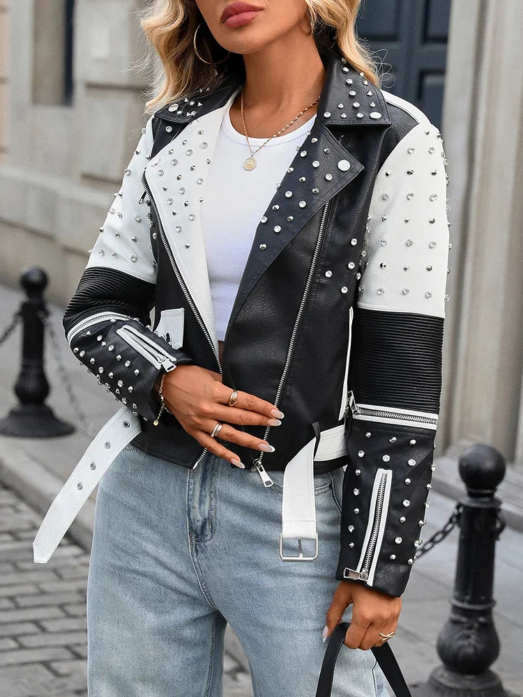 Women's Street Rivet Black White Faux Leather Biker Jacket