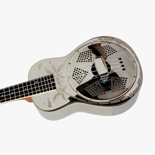 Aiersi Gloss Chrome Plate, Hawaii Tree Sandblasted Brass Body Concert Size Resonator Ukulele
