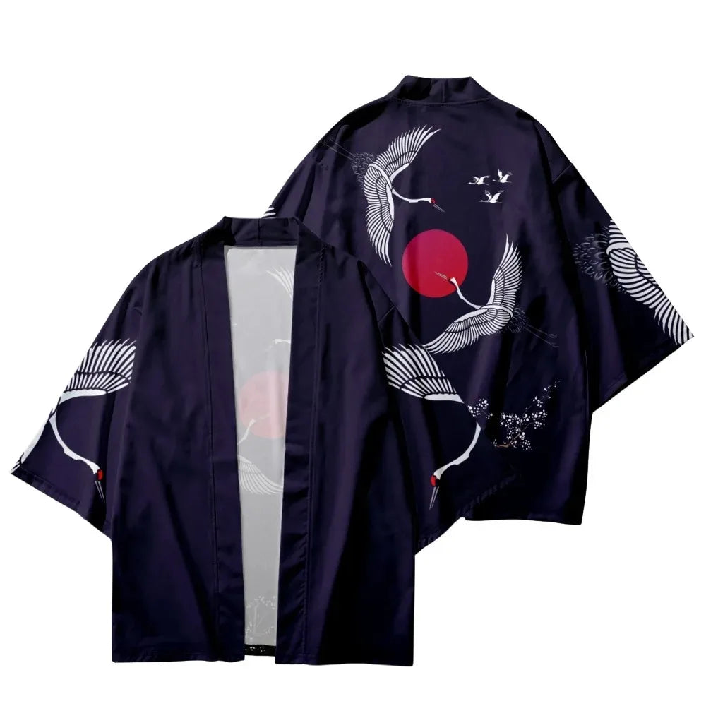 Crane & Chinese Character Traditional Kimono Japanese Men And Women Cardigan Yukata Kids Summer New Trendy Beach Wear Haori