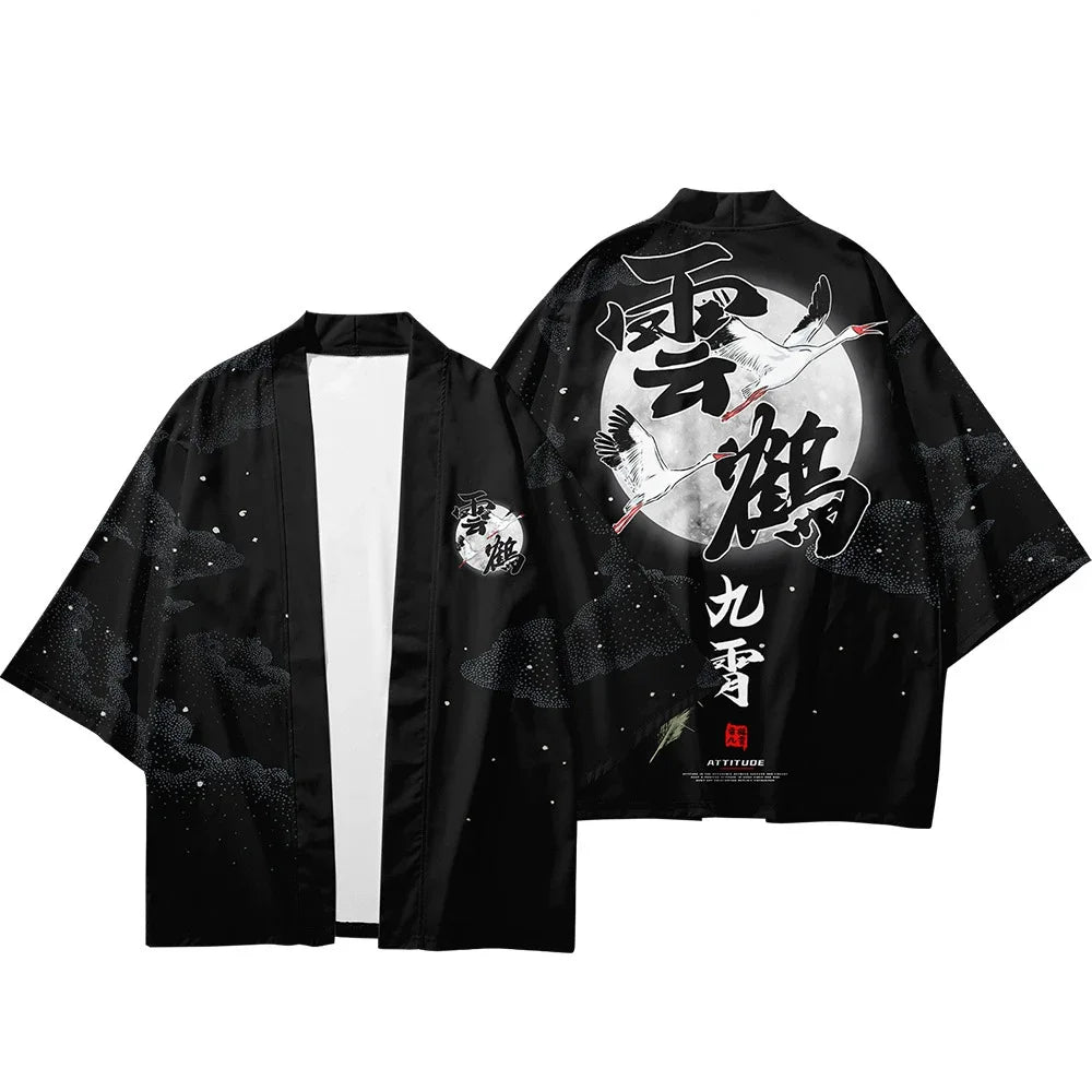 Crane & Chinese Character Traditional Kimono Japanese Men And Women Cardigan Yukata Kids Summer New Trendy Beach Wear Haori