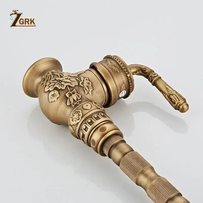 ZGRK Bathroom Basin Faucets Antique Brass Single Handle Hot Cold Mixer Taps Luxury Antique Deck Mounted Sink Mixer Tap