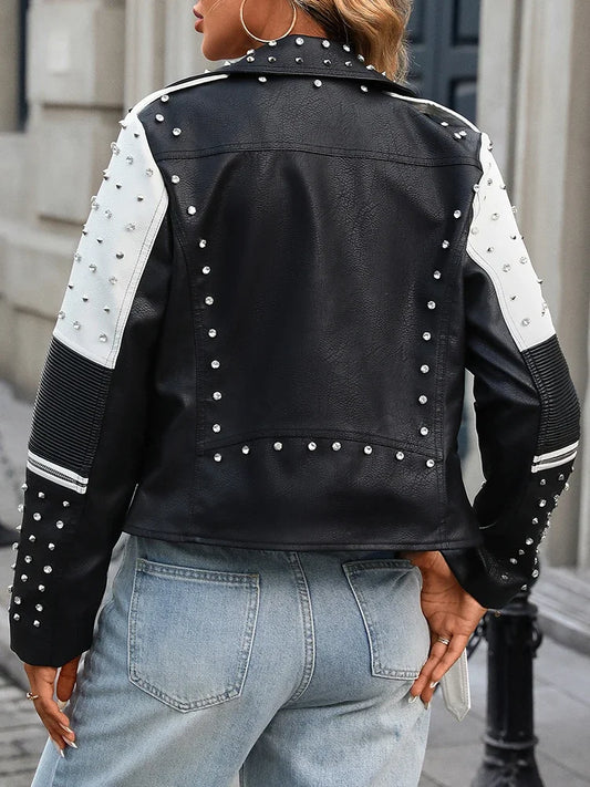 Women's Street Rivet Black White Faux Leather Biker Jacket