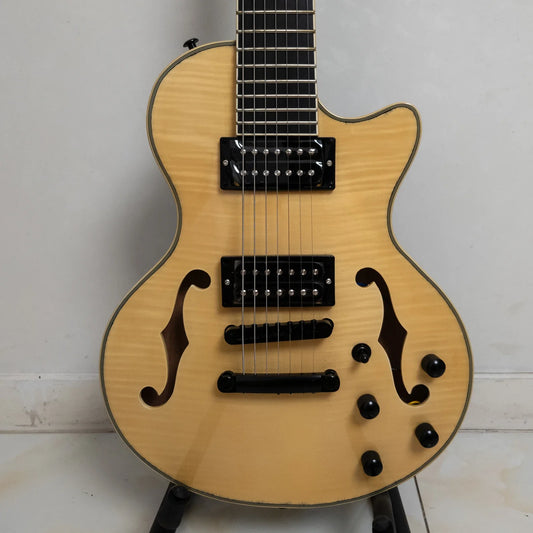 Semi-Hollow Body 7 String Electric Guitar – Flame Maple Veneer, F Holes, Maple Neck, 22 Frets, Vintage Sunburst Finish