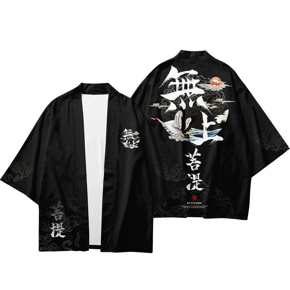 Crane & Chinese Character Traditional Kimono Japanese Men And Women Cardigan Yukata Kids Summer New Trendy Beach Wear Haori