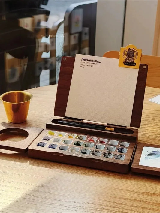 Wooden Foldable Watercolor Drawing Board Travel Portable 24-color Paint Dispense Box Hand-painted Graffiti Dye Palette Art Tools