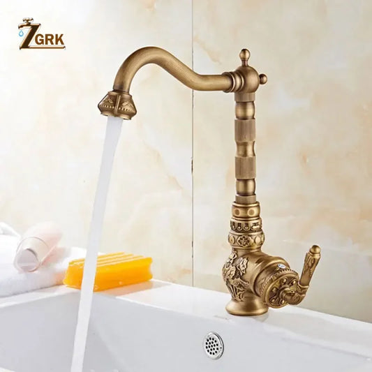 ZGRK Bathroom Basin Faucets Antique Brass Single Handle Hot Cold Mixer Taps Luxury Antique Deck Mounted Sink Mixer Tap