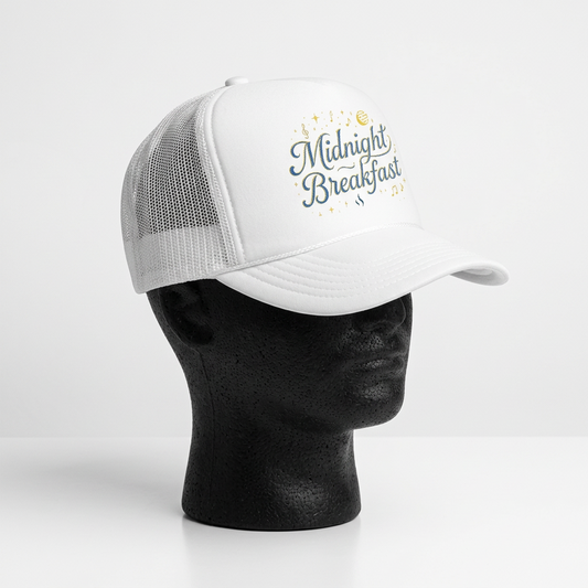 Midnight Breakfast Embroidered Trucker Hat — Retro Night-Sky Foam Cap