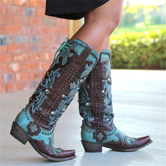 Stylish Embroidered Women's Mid-Calf Boots