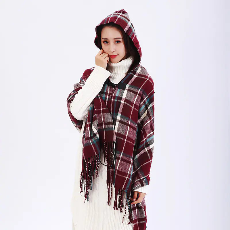 Chic Plaid Travel Cape with Horn Buttons