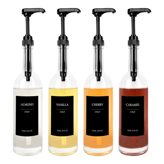 SleekGlass Coffee Syrup Station 4-Pack with Pumps and Labels
